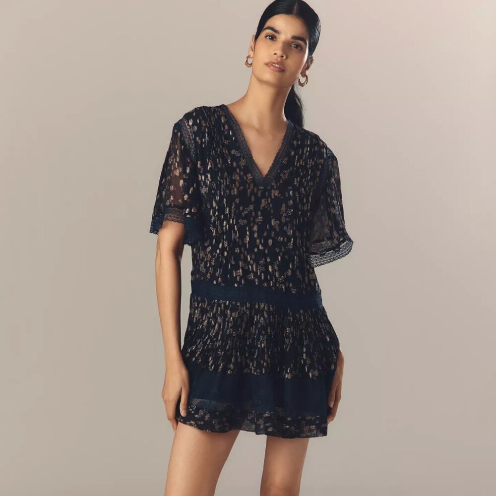 Anthropologie Maeve V-Neck Lurex Tiered Mini Dress
